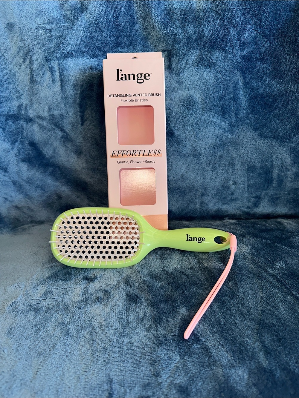 Lange lime green vented detangling brush with pink strap